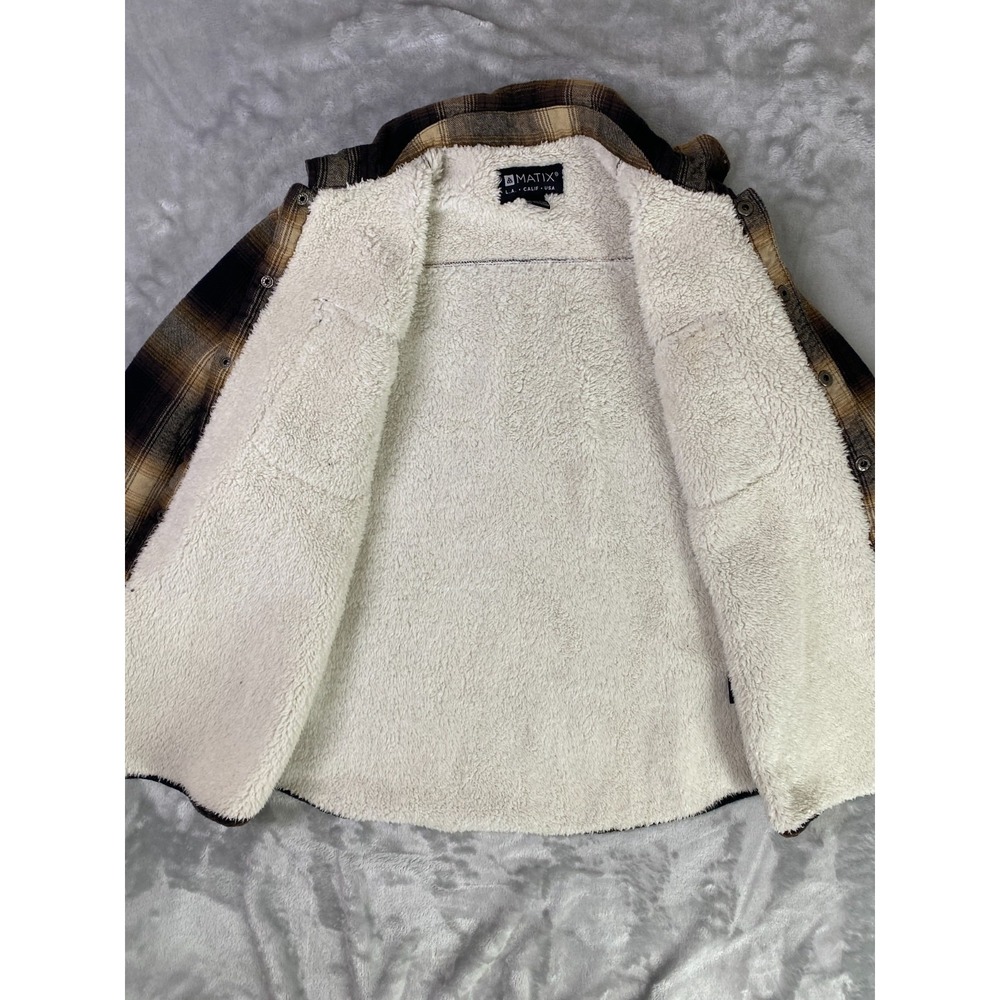 Matix Flannel Shirt Jacket Mens Medium Brown Plaid Sherpa Lined Shacket Coat - Picture 3 of 6